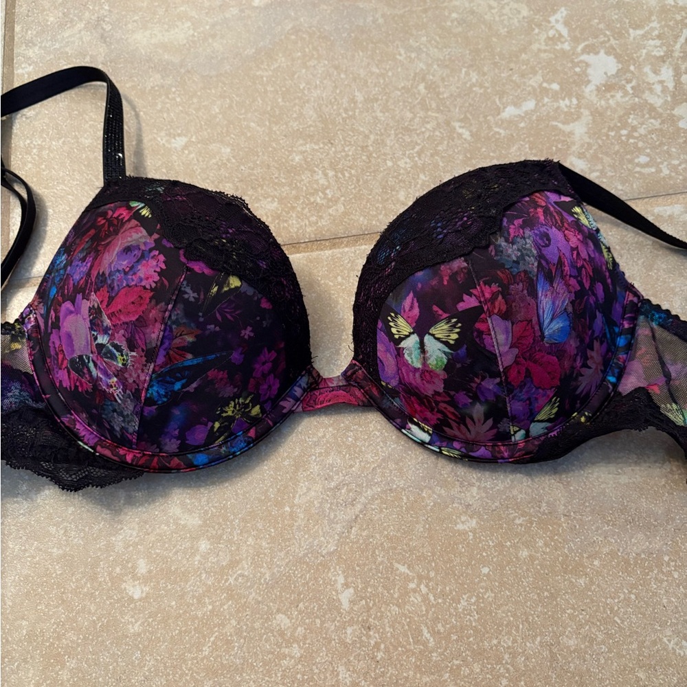 Victoria's Secret Black and Purple Floral Shine Strap Bra